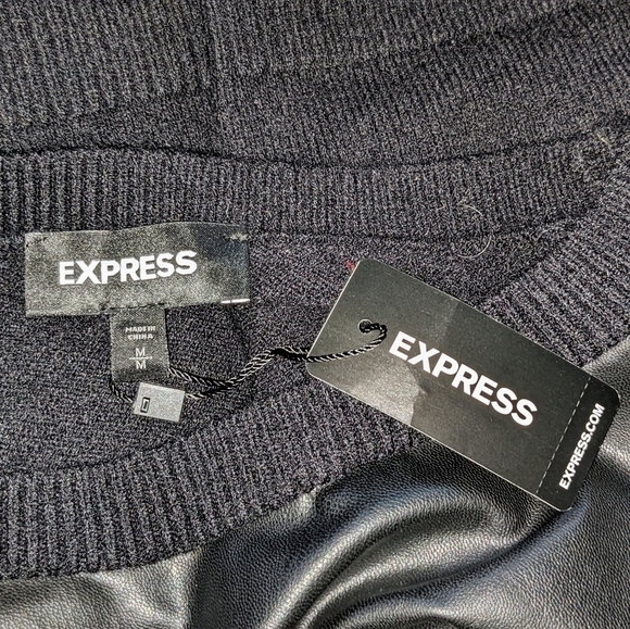 Pitch Black Faux Leather Pieced High Slit Crew Neckline Sweater - Picture 3 of 5